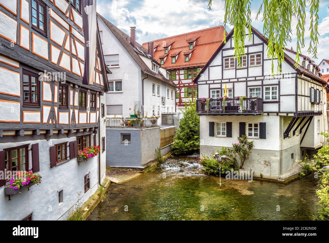 Street with vintage halftimbered houses in old town of Ulm, Germany